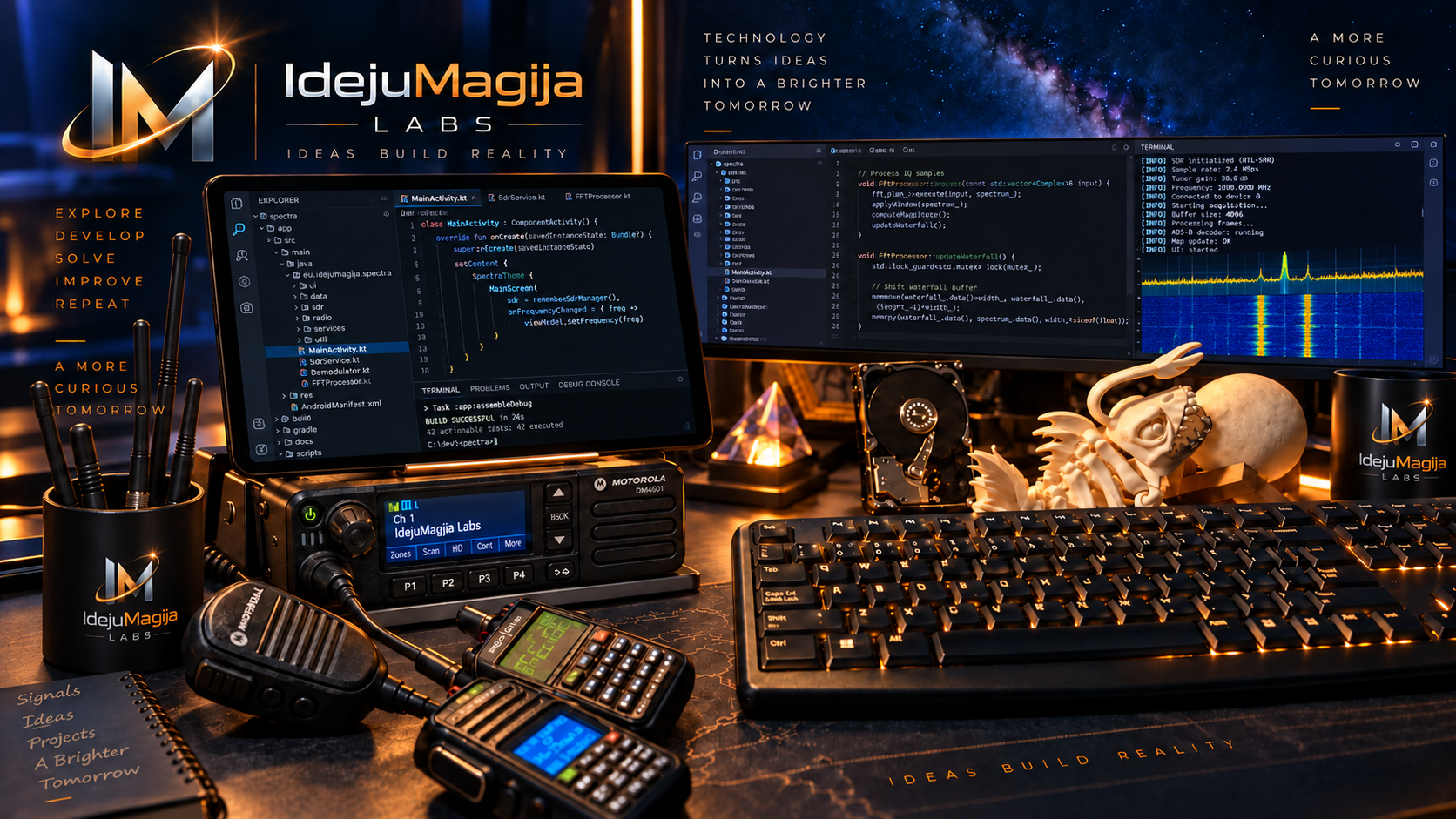 IdejuMagija Labs desk artwork, showing the IM logo, radio antenna holder and workspace equipment