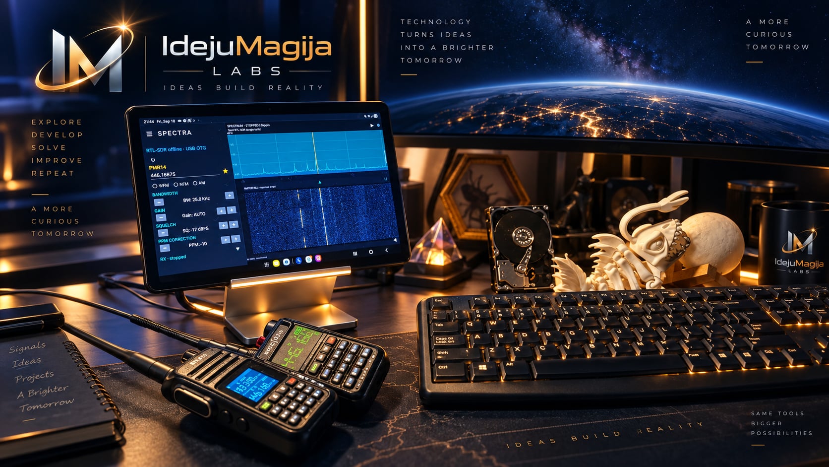 Illustrated IdejuMagija Labs workbench with an SDR tablet, radio equipment and notebook
