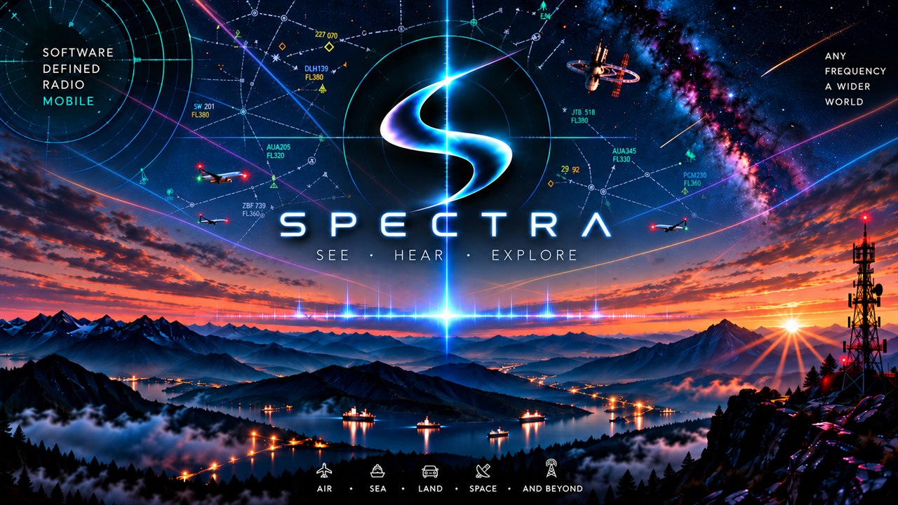 SPECTRA splash artwork with its radar-inspired mark, aircraft and a twilight mountain landscape