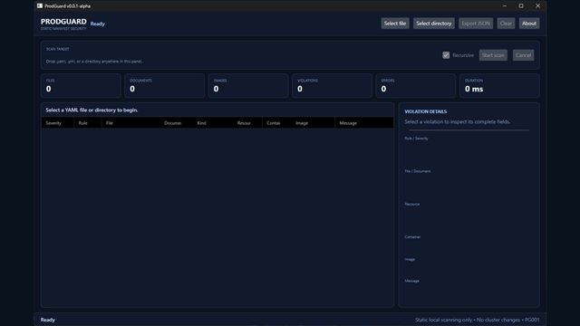 Earlier ProdGuard Desktop alpha screen showing the local YAML scan view and PG001 status