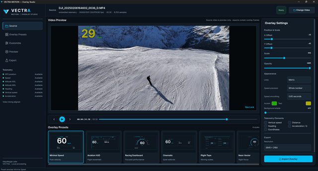 Vectra Motion Overlay Studio showing video with embedded telemetry, overlay presets and export settings
