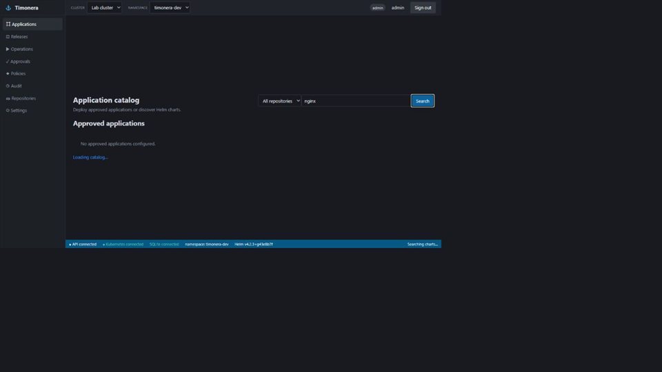 Timonera application catalog showing chart search in an authenticated Kubernetes operations console